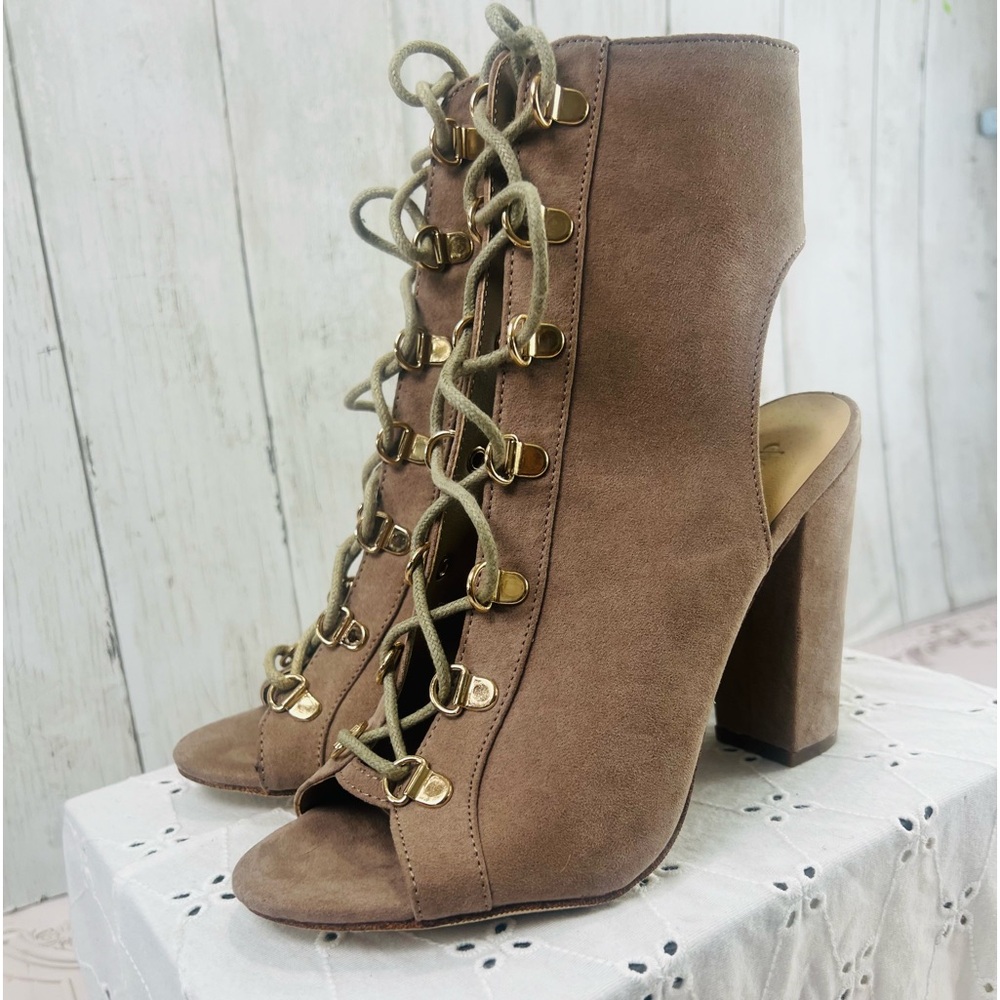 Charlotte Russe Toupe Faux Suede Peep Toe Lace Up Chunky Cutout Heel Bootie 7